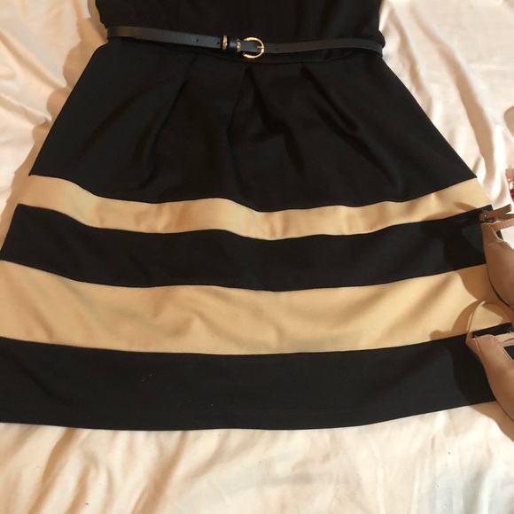 Black and Gold Midi Dress with Belt - Picture 2 of 5